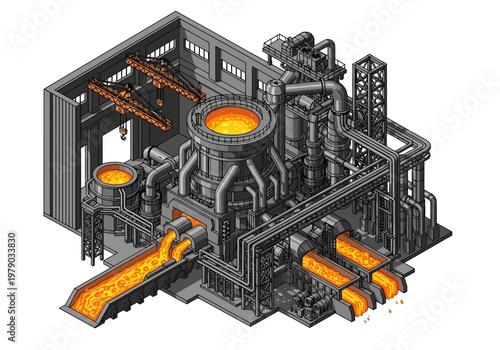 Industrial Steel Production Facility with Molten Metal Flow