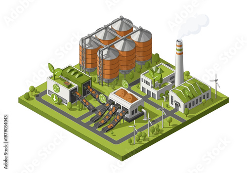 Sustainable industrial complex featuring biomass processing and renewable energy sources