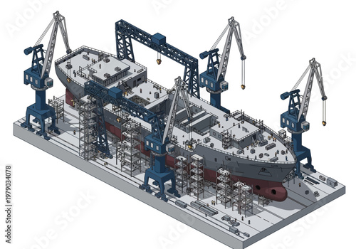 Industrial ship construction in shipyard with large cranes and scaffolding