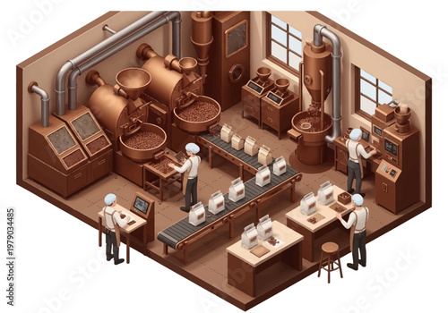 Coffee bean roasting and packaging process in a factory isometric illustration