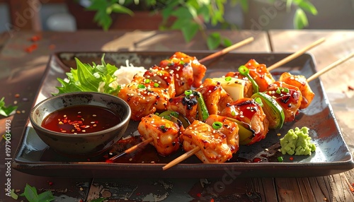 A flavorful serving of grilled chicken skewers coated with savory sauce. The tender pieces of chicken are evenly cooked over heat, creating a slightly charred exterior while remaining juicy inside.