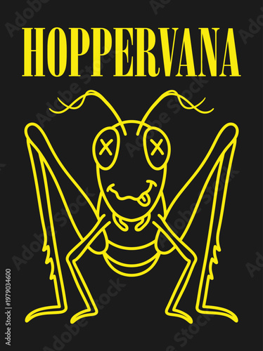 Yellow cartoon grasshopper smiling face.