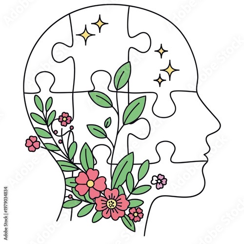Puzzle head with flowers and leaves, mental health and wellness concept.