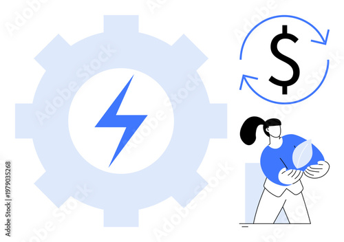 Renewable energy, sustainability, cost reduction, green energy, eco-awareness, power generation. Lightning bolt and financial symbol with a person holding a leaf. Renewable energy and green energy