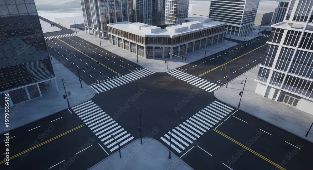 Fototapeta premium Empty City Intersection Aerial View on an Overcast Day