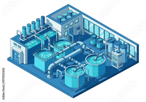 Isometric illustration of a modern water treatment facility with advanced purification systems