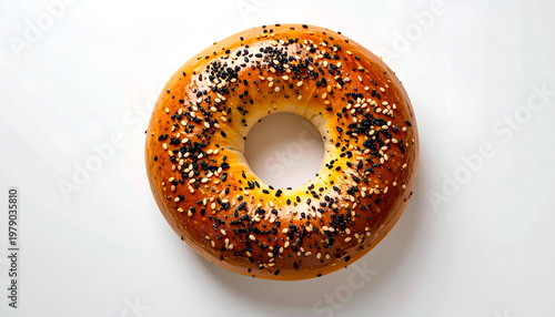 A close-up shot showcases a golden-brown bagel generously sprinkled with black and white sesame seeds against a clean white background, highlighting its texture and appetizing appearance.