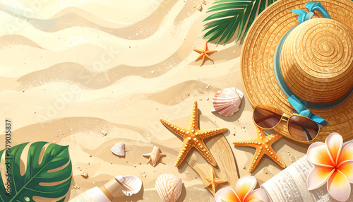 A vibrant overhead shot showcases a summer beach scene with sand, seashells, a straw hat, sunglasses, tropical leaves, and starfish, evoking feelings of relaxation and vacation.