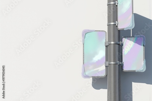 Iridescent panels with gel corners mounted on a textured pole against a plain white wall