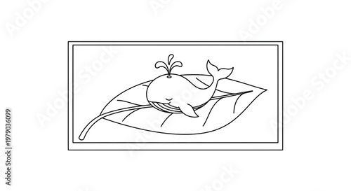 Whimsical Whale Resting on a Large Leaf, Cartoon Style