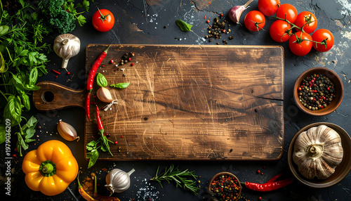 A rustic wooden cutting board surrounded by fresh vegetables, herbs, and spices creates a vibrant and inviting culinary scene.