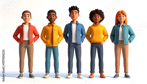 A vibrant lineup of stylized 3D characters stands confidently against a clean white background, showcasing diverse appearances and casual attire.