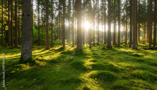 Sunlight streams through a dense forest, illuminating a vibrant green mossy floor and creating a magical, ethereal atmosphere.