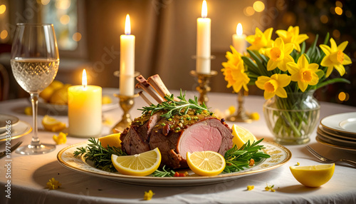 A beautifully presented roast dinner with lemon slices, rosemary sprigs, and daffodils graces a candlelit table, evoking a sense of festive celebration and culinary delight.