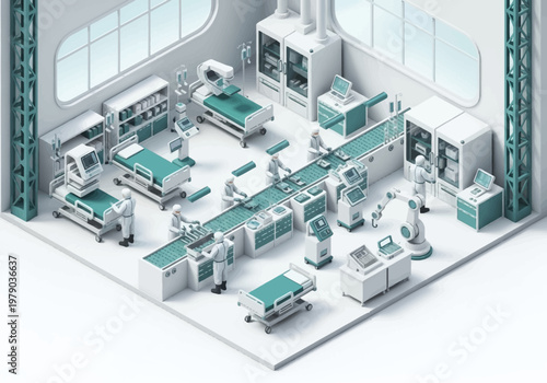 Modern Automated Medical Equipment Manufacturing Facility with Robotic Assembly Lines and Cleanroom Environment