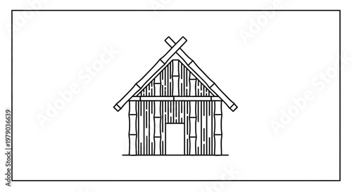 Traditional Bamboo Hut House Icon, Simple Line Art Drawing