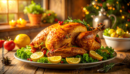 A beautifully roasted turkey, garnished with fresh herbs and citrus, sits on a platter surrounded by festive decorations, creating a warm and inviting holiday scene.