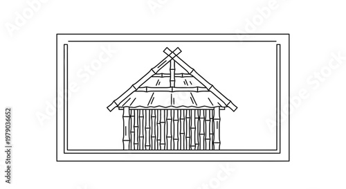 Traditional Bamboo Hut Outline Drawing, Tropical Shelter, Rustic Architecture