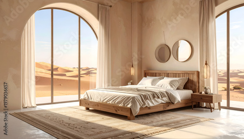 A luxurious bedroom interior features a wooden bed and minimalist decor, offering a serene view of a vast desert landscape through expansive arched windows.
