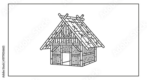 Traditional Bamboo Hut Sketch: Rustic Dwelling, Natural Materials, Simple Architecture