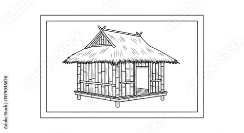 Traditional Bamboo Hut with Thatched Roof in Rural Setting