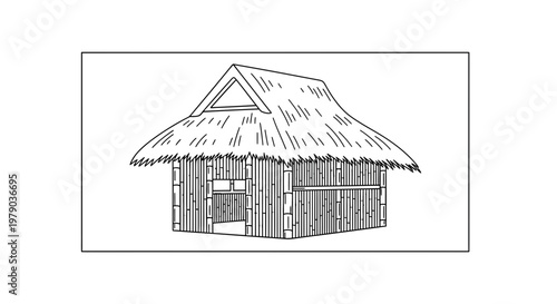 Traditional Bamboo Hut with Thatched Roof, Rustic Tropical Dwelling