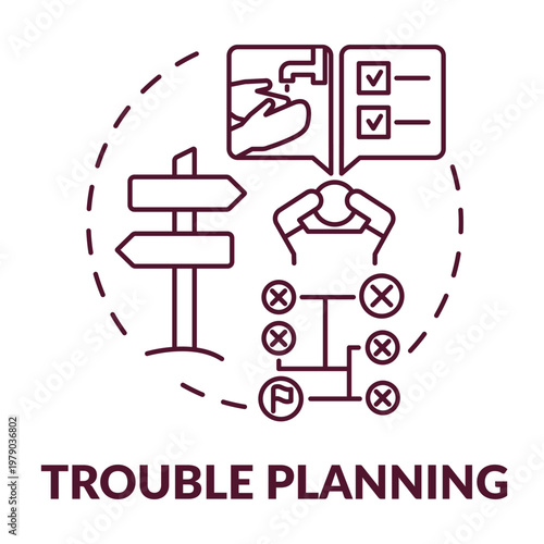 Trouble Planning Concept: Depicting a complex decision-making process, a visual representation uses a signpost with multiple options.