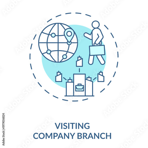 Company Branch Visit Concept: An illustrative depiction of a business professional embarking on a journey to visit a global company branch.