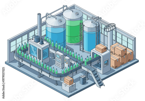 Automated bottling and packaging line in a modern factory setting