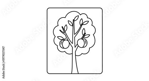 Simple line drawing of a stylized fruit tree with apples inside a square frame
