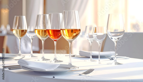 A beautifully set table showcases an array of wine glasses filled with different colored wines, suggesting a luxurious dining experience.