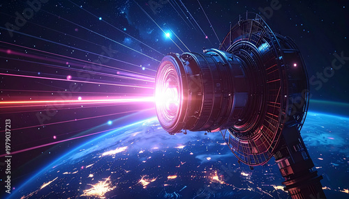 Cosmic Observatory: A futuristic space station, equipped with a powerful lens, directs a focused laser beam towards Earth, symbolizing advanced technological progress.