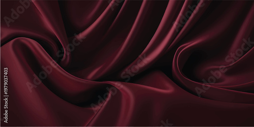 Luxury burgundy silk fabric with velvet texture and elegant flowing waves. Rich crimson material draped for fashion or interior design. Smooth satin surface with deep red color and soft shadows.