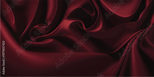 Black red silk satin background. Copy space for text or product. Wavy soft folds on shiny fabric. Luxurious dark red background. Valentine, Christmas, Anniversary, Black Friday. Web banner.