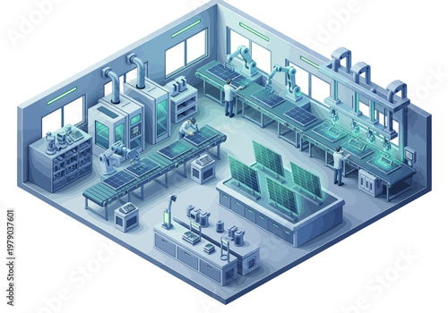 Automated factory production line with robots assembling solar panels in a cleanroom environment
