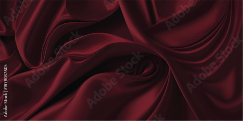 A flowing red silk background features soft satin waves and a dark velvet texture, creating an abstract drapery design ideal for a theater stage backdrop or elegant wallpaper illustration