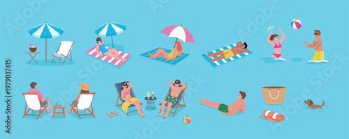 Flat Vector Summer Beach People and Vacation Activities Illustration Set