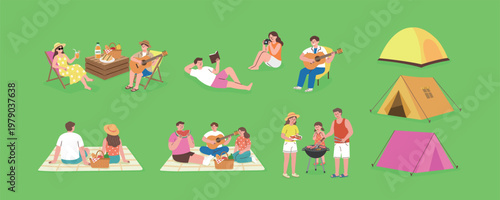 Summer Outdoor Camping and Picnic Leisure Activities Vector Illustration Set