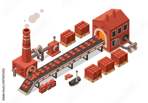 Isometric illustration of a brick factory production line with kiln and stacked bricks