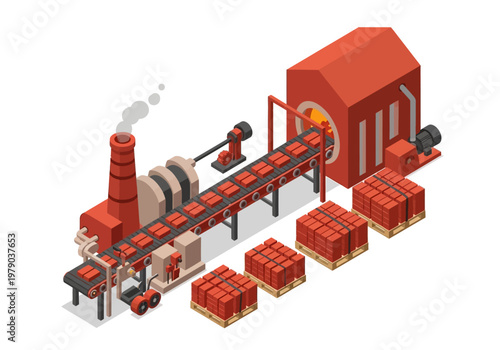 Industrial brick manufacturing process with conveyor belts and stacked finished products
