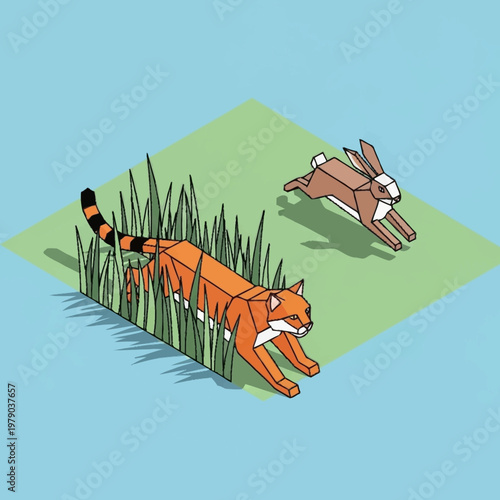 An orange tiger and brown rabbit running.