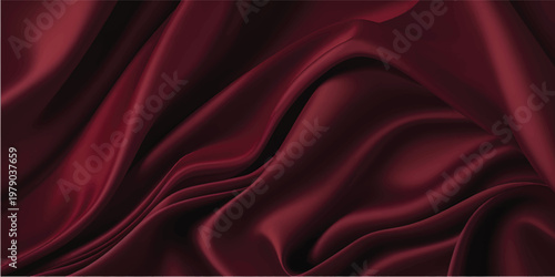 A flowing red silk background features soft satin waves and a dark velvet texture, creating an abstract drapery design ideal for a theater stage backdrop or elegant wallpaper illustration