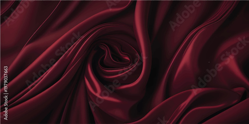 Elegant dark red silk satin fabric with intricate folds and curves draped on a luxurious background