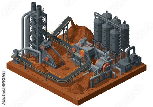 Isometric illustration of a modern industrial processing plant with conveyor belts and silos