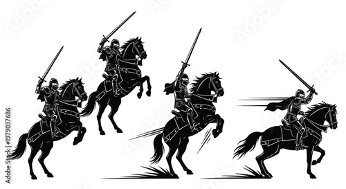 Silhouettes of knights on horseback charging forward with swords raised in battle.