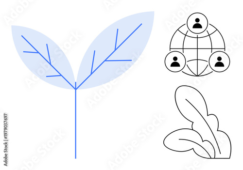 Sustainability, teamwork, growth, ecology, globalization, collaboration. Minimalist blue abstract plant, leaf cluster connected people icons global teamwork. Sustainability and teamwork concept