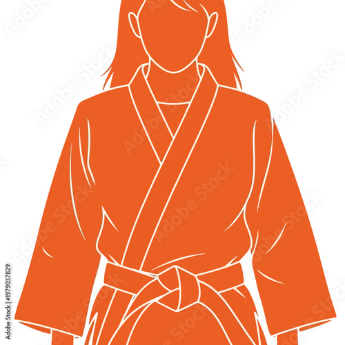 A person in an orange karate uniform with a white belt is depicted from the torso up.