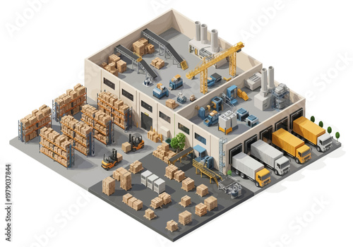 Industrial logistics warehouse with forklifts and delivery trucks, showcasing distribution and supply chain operations