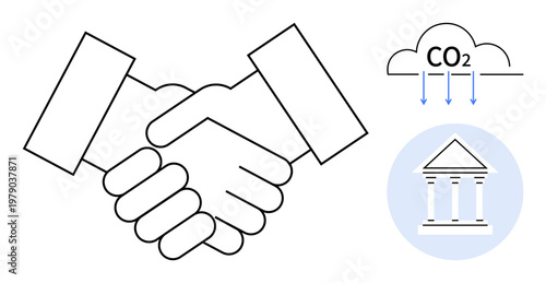 Climate action, carbon reduction, institutional partnerships, sustainability, environmental awareness, agreements. Handshake with CO2 cloud and institution graphic. Climate action and collaborative