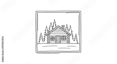 Rustic Log Cabin in Forest: Hand-Drawn Illustration